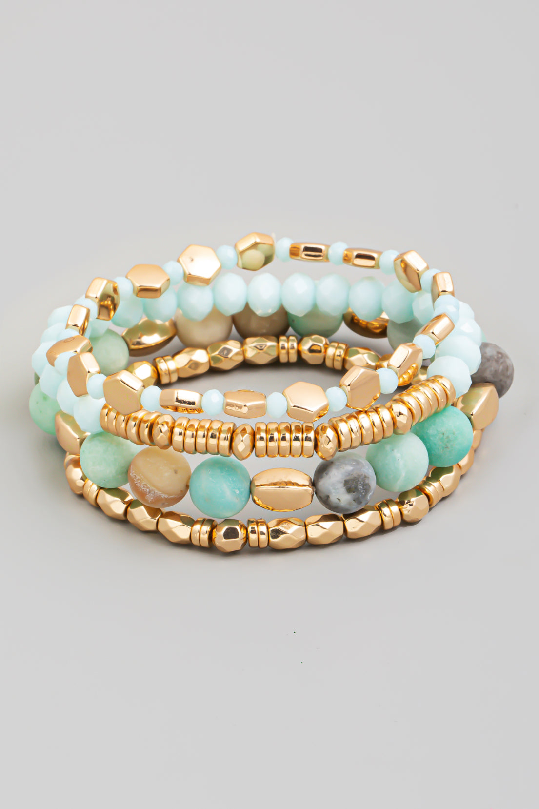 Mixed Metallic And Stone Beaded Bracelet Set