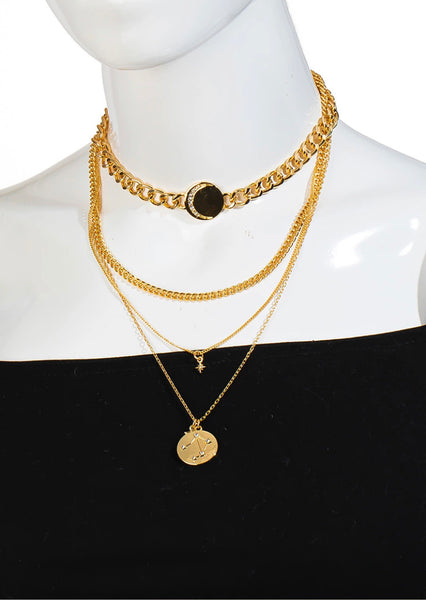 Layered Moon Star Constellation Coin Choker Necklace