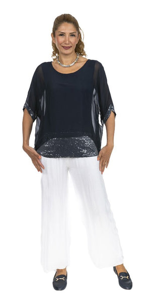 Sequin Trim Layered Silk Top - Italian